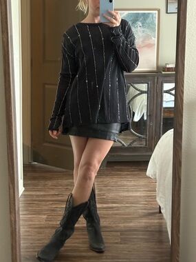 Free people diamond night Black Beaded Stripe Knit Sweater 100% cotton